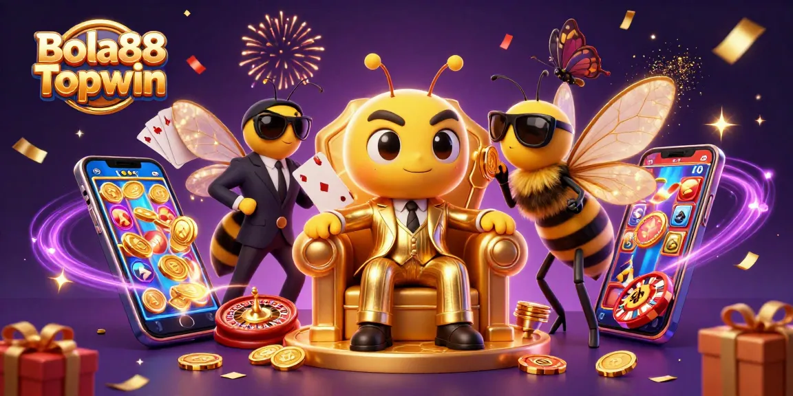 Bola88 Topwin showcases thrilling slot gameplay with a vibrant and dynamic casino scene.