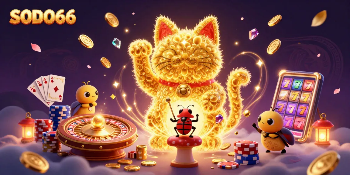 SODO66 captures excitement with a lucky cat made of fireflies, surrounded by casino treasures and vibrant game elements.