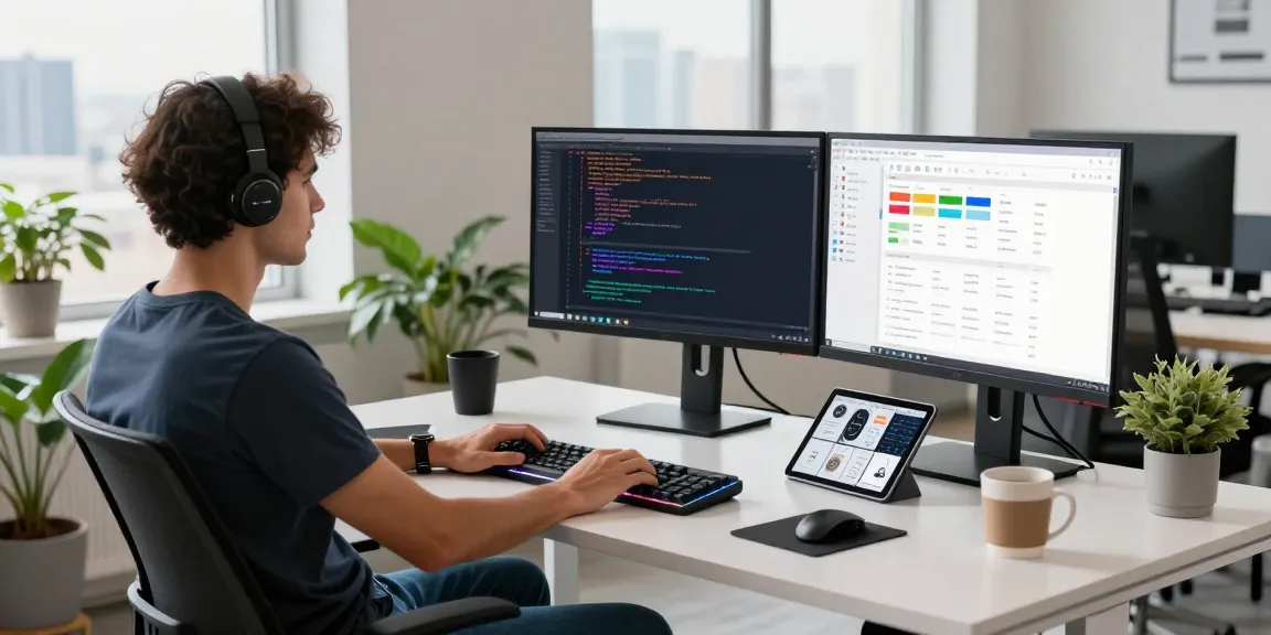 Developer coding at a modern workspace with multiple monitors and a city view, featuring https://www.bdtjl.app/ for tech insights.