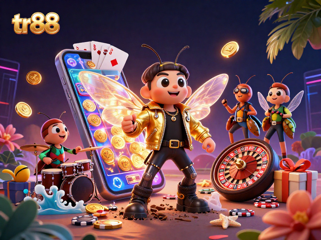 Engage with tr88's casino excitement through a dynamic rock star-themed illustration showcasing vivid games.