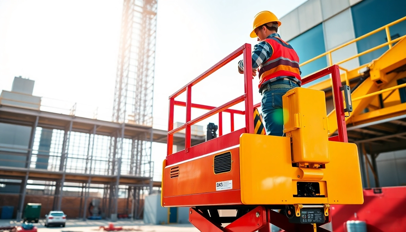 Worker operating a cherry picker at a construction site with clear visibility.