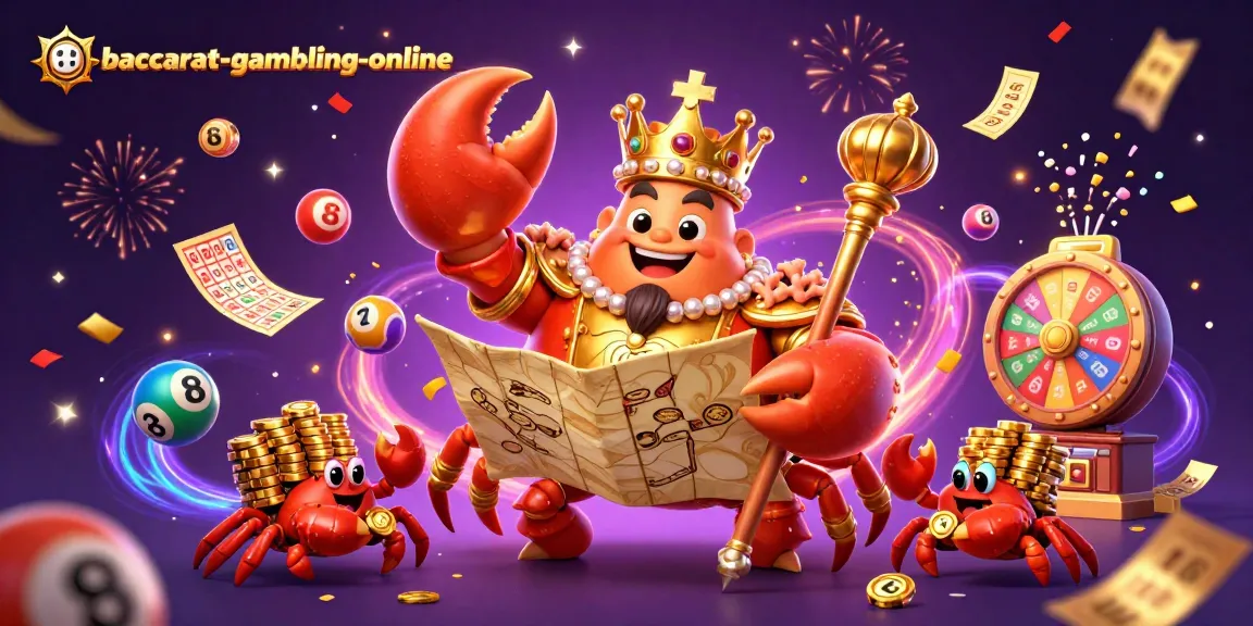 Engage with baccarat-gambling-online at the vibrant casino with a golden crab emperor leading a colorful treasure hunt.