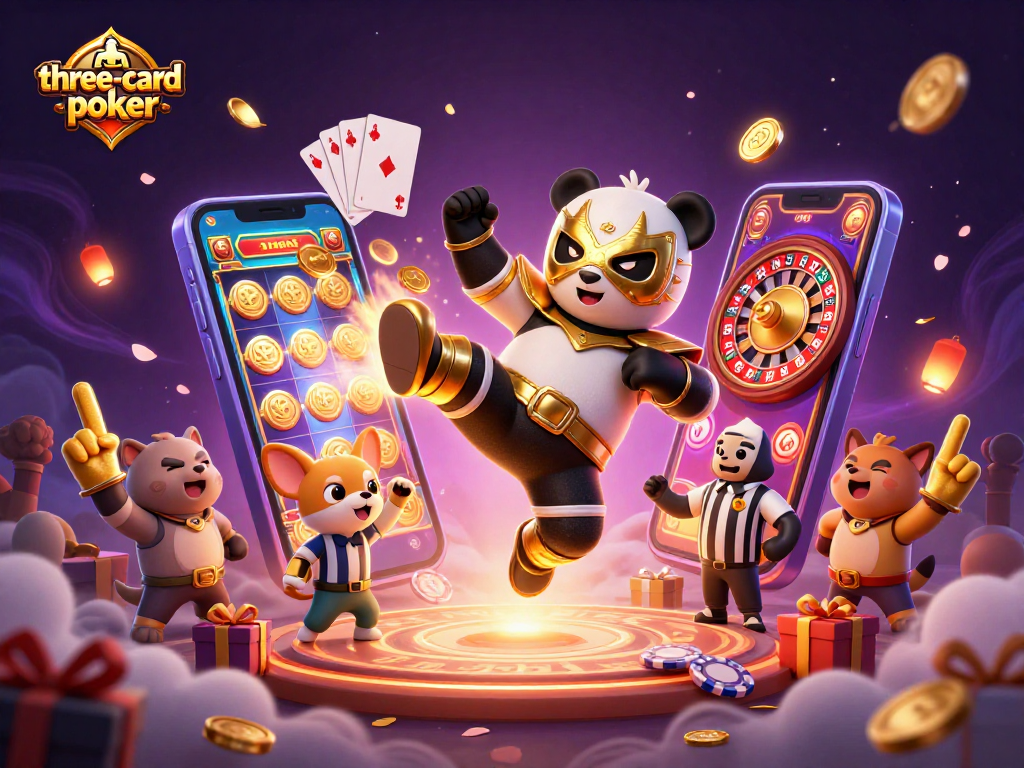 Engage in three-card-poker action as a panda performs a flying kick with lively casino elements.