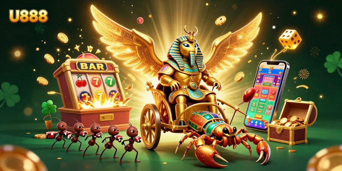 Experience the thrill of U888 with a vibrant slot game scene featuring a scarab beetle and scorpions.