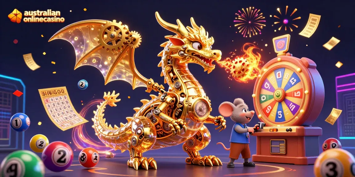 Explore the vibrant world of australianonlinecasino with a stunning 3D illustration of a golden dragon amidst colorful gaming elements.
