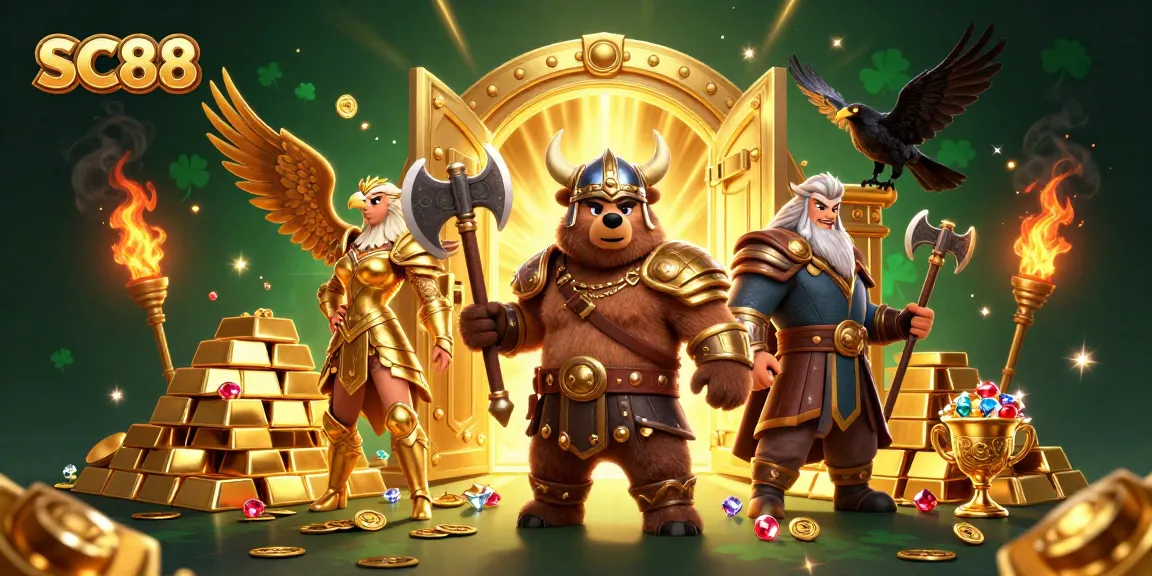 SC88 offers thrilling gameplay in a vibrant casino illustration featuring a Viking bear and Valkyrie eagle.