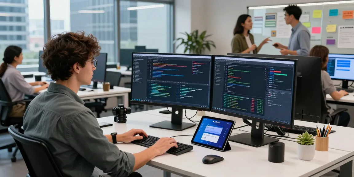 Developer utilizing USDT0 in a modern tech workspace surrounded by collaborative elements and high-tech tools.