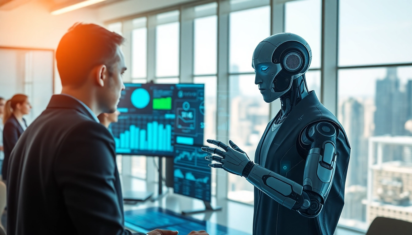 AI agents assisting in a modern office with holographic data displays.