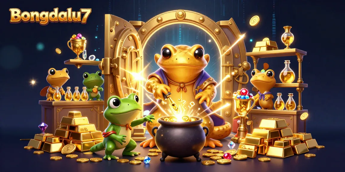 Bongdalu7 showcases a vibrant 3D illustration of a golden salamander alchemist turning metals into gold, surrounded by treasures.