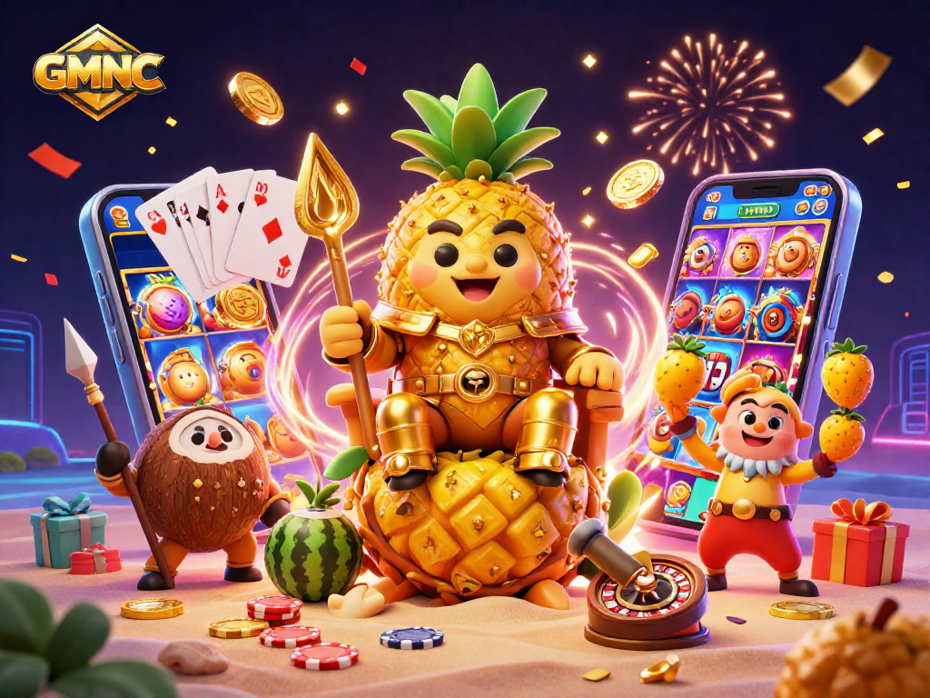 GMNC showcases an exciting 3D casino scene featuring a golden pineapple king and gaming elements.