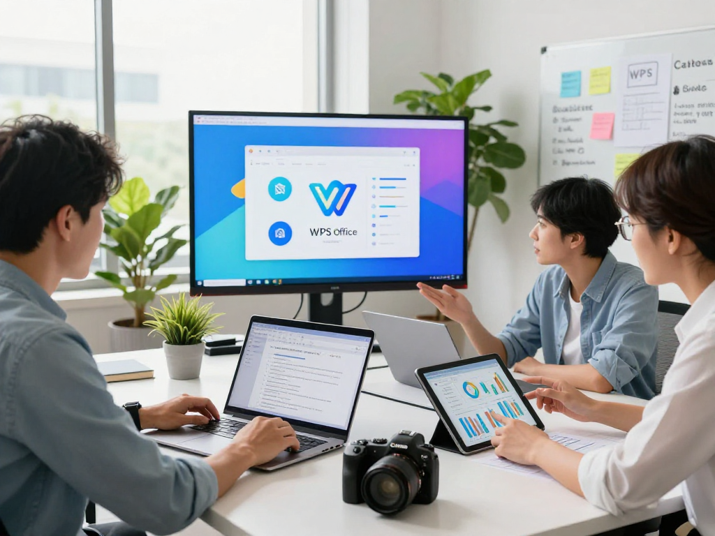 团队合作使用WSP办公软件的现代办公环境，展示高效协作和生产力。