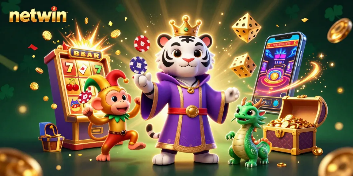 Experience the thrill of netwin with a vibrant 3D casino illustration featuring a royal tiger, jester monkey, and jackpot elements.