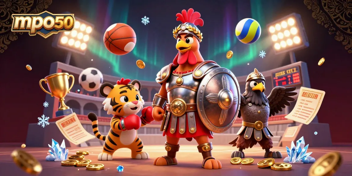 Bet on mpo500 and win with a vibrant, action-packed 3D casino scene featuring dynamic characters and elements.