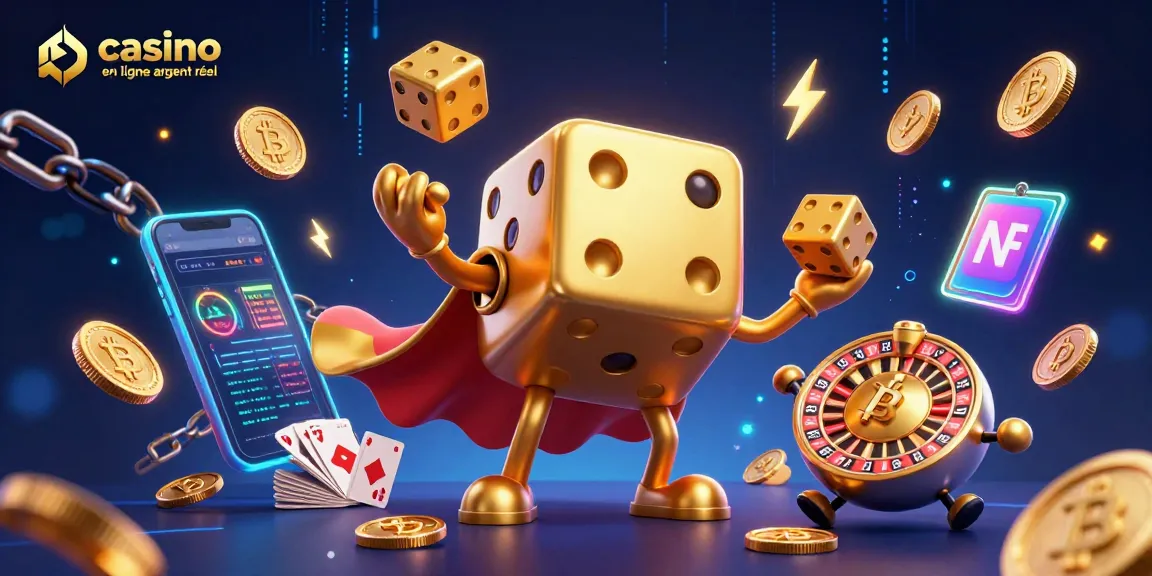 Jouez à des jeux passionnants dans un casino en ligne argent réel avec des dés dorés et des éléments de cryptomonnaies.