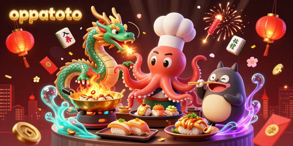 Experience the thrill of oppatoto with a dynamic illustration showcasing a sushi chef octopus, dragon, and tanuki in a festive gambling scene.