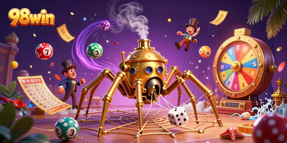 Explore 98win's vibrant gaming universe featuring a steampunk golden spider and engaging game elements.