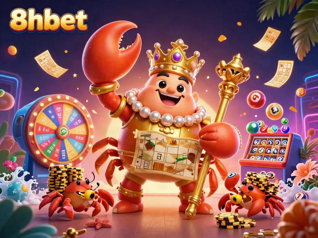 Bet and win big at 8xbet's vibrant carnival of games with a majestic crab emperor ruling over fun.