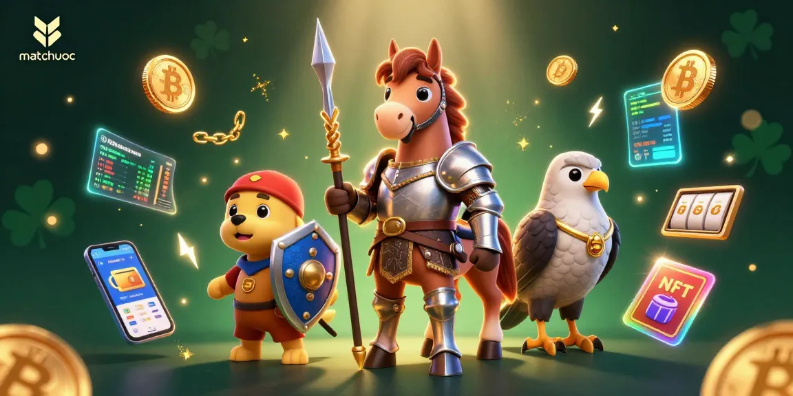 Engage with matchuoc through this dynamic 3D casino scene featuring vibrant characters and crypto elements.