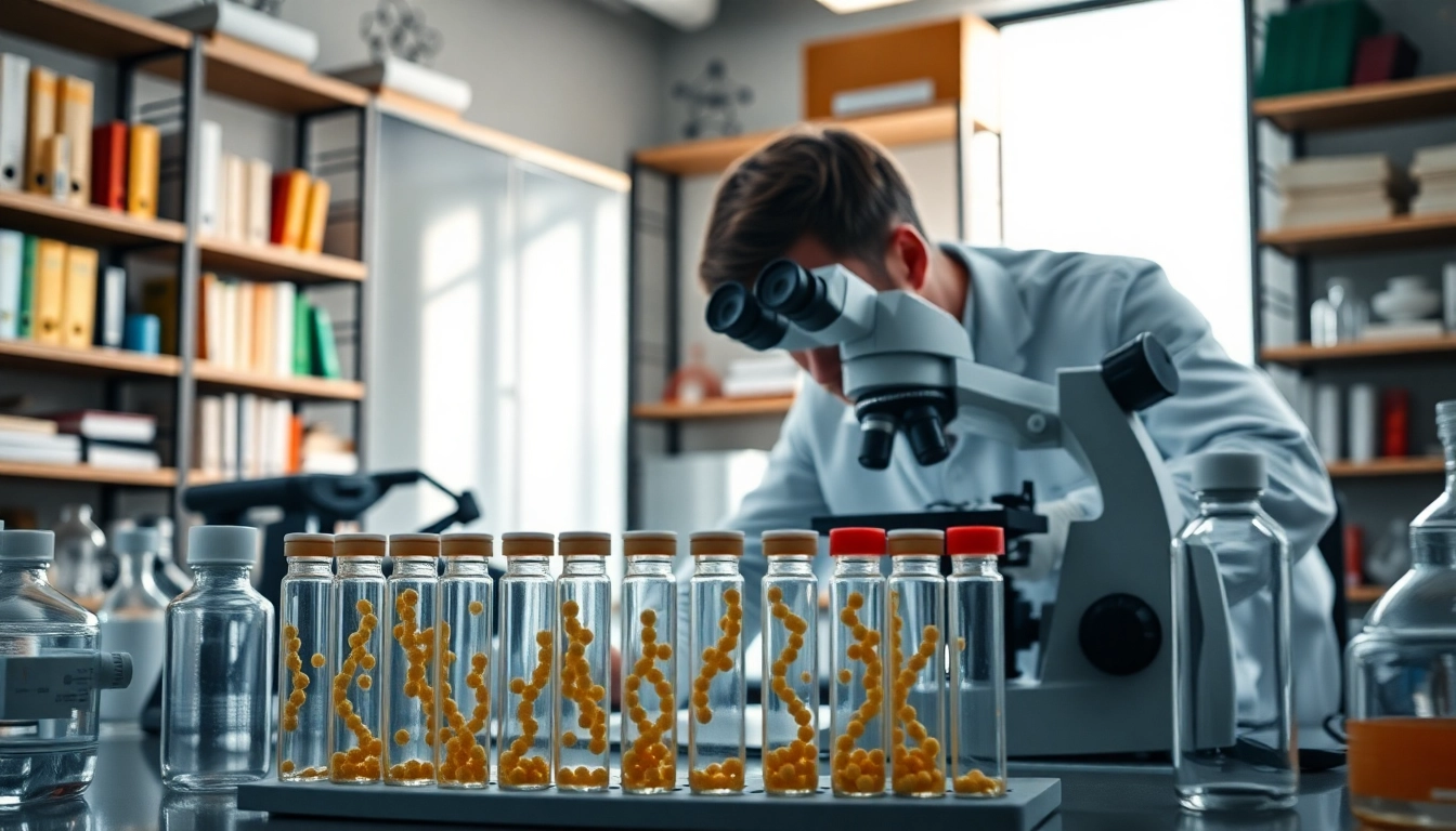 Researchers examining peptides in a laboratory setting with detailed vials and equipment.