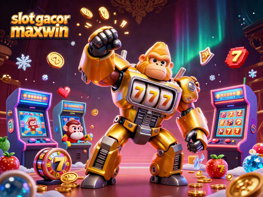 Engage with slot gacor maxwin featuring a powerful golden gorilla mech and colorful casino elements