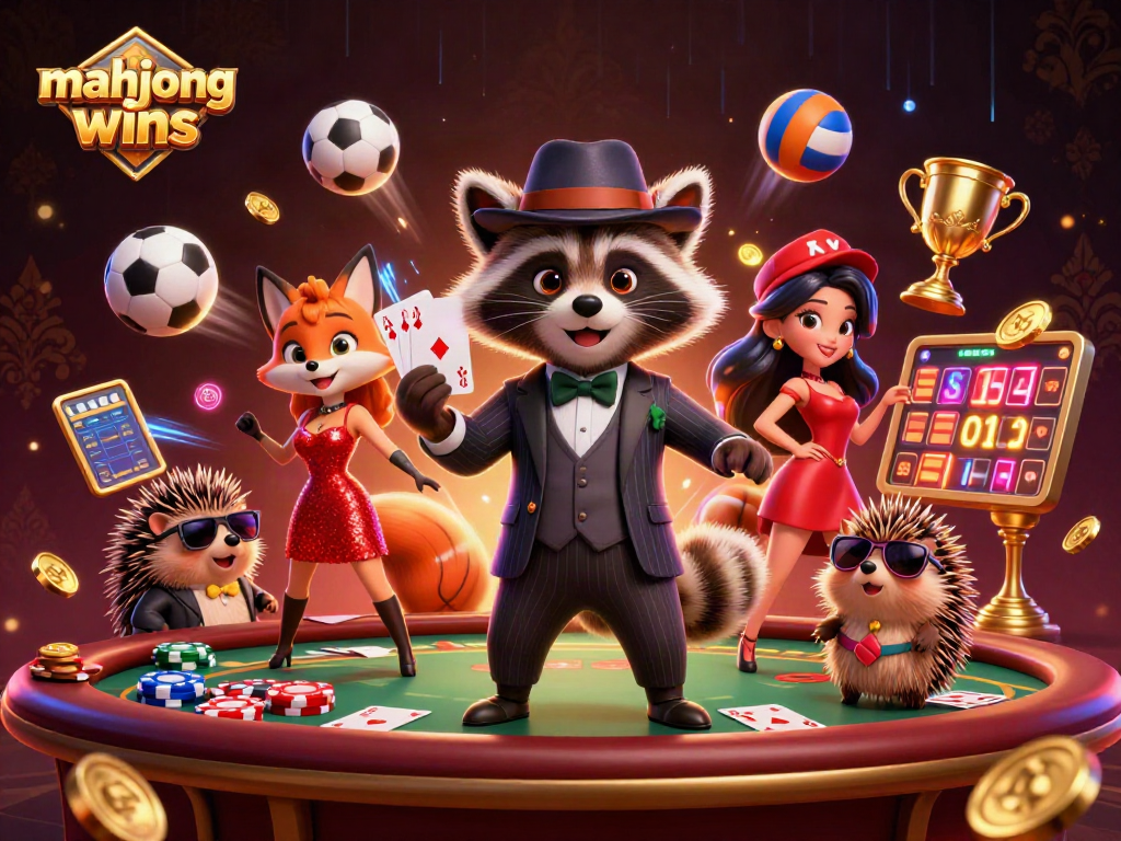 Experience mahjong wins visually, featuring a raccoon, fox, and hedgehog in an energetic casino scene.