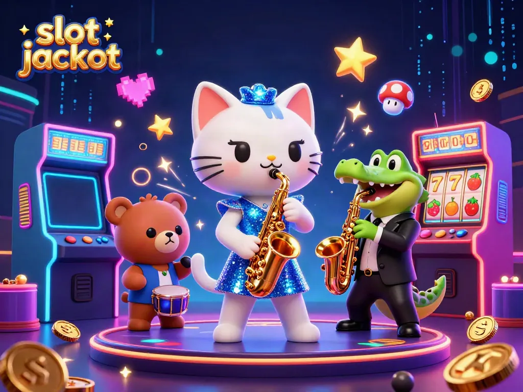Engaging 3D illustration of characters performing in a lively casino, highlighting slot jackpot elements.