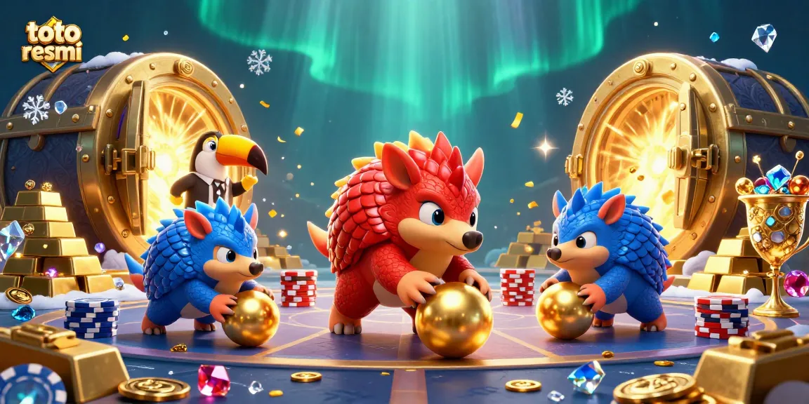 Gambaran toto resmi dengan pangolin berwarna merah dan biru bermain dadu di kasino yang ramai.