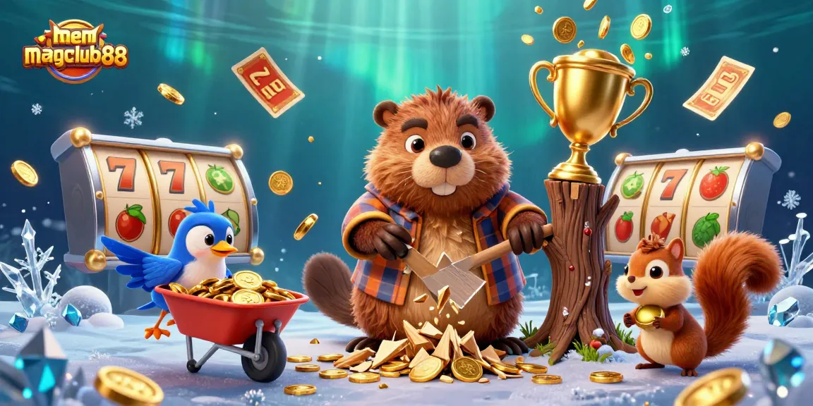 Win big with menangclub88 in an exciting casino scene of a cartoon lumberjack beaver and friends.