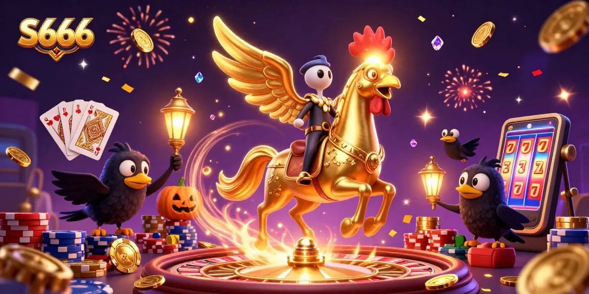 Experience the thrill of S666 with a golden rooster in a lively casino setting filled with fortune.