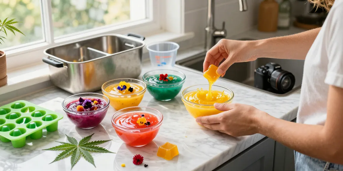 Creating thc gummies in a colorful kitchen with fresh fruit and cannabis accents.