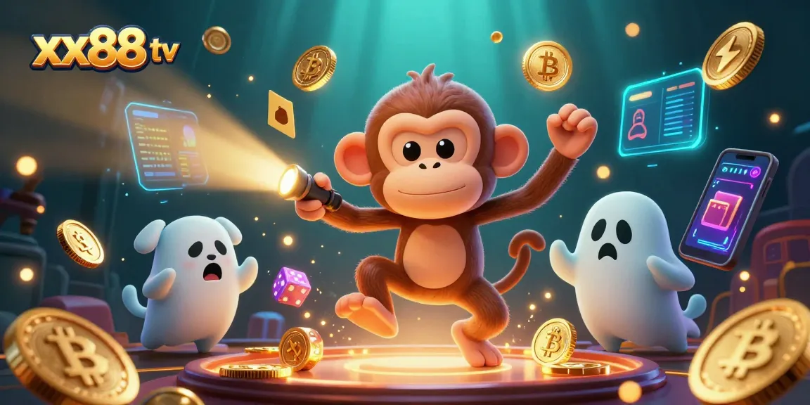 Engage with the spirited scene of xx88 tv featuring a playful monkey juggling coins in a haunted casino.