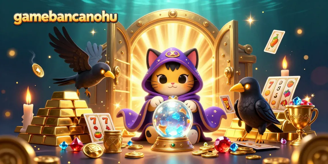Engage with gamebancanohu's vibrant 3D scene featuring a mystic cat, raven, and dynamic casino elements.