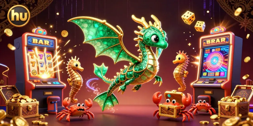 Spin the reels at hu with a golden treasure chest, sea dragon, and vibrant casino elements in action.