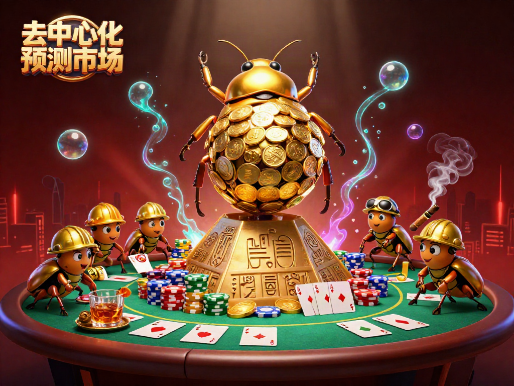 Engage in 去中心化预测市场 with this vibrant scene showcasing a golden dung beetle rolling coins, poker elements, and casino symbols.