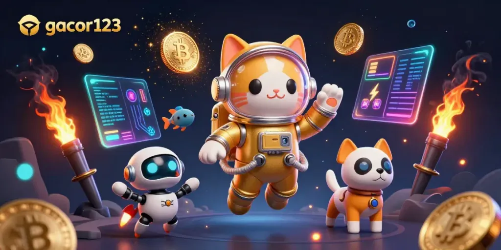 Engage with gacor123, featuring an astronaut cat and robot dog in a vibrant casino universe.