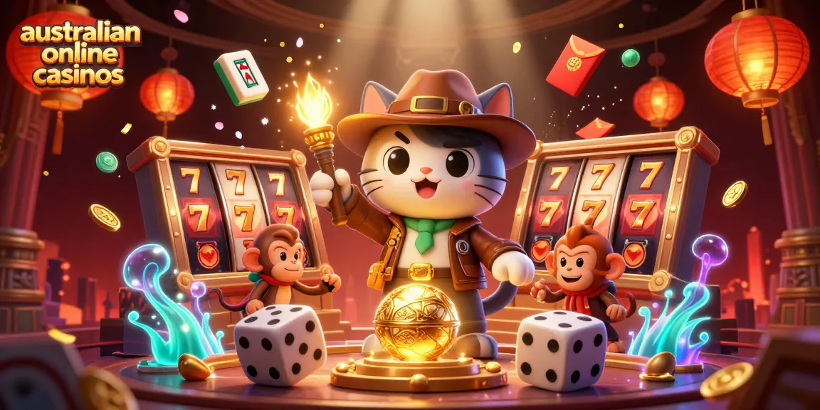 Experience the exhilarating world of australian online casinos with an adventurous scene showcasing a cat archaeologist and treasures.