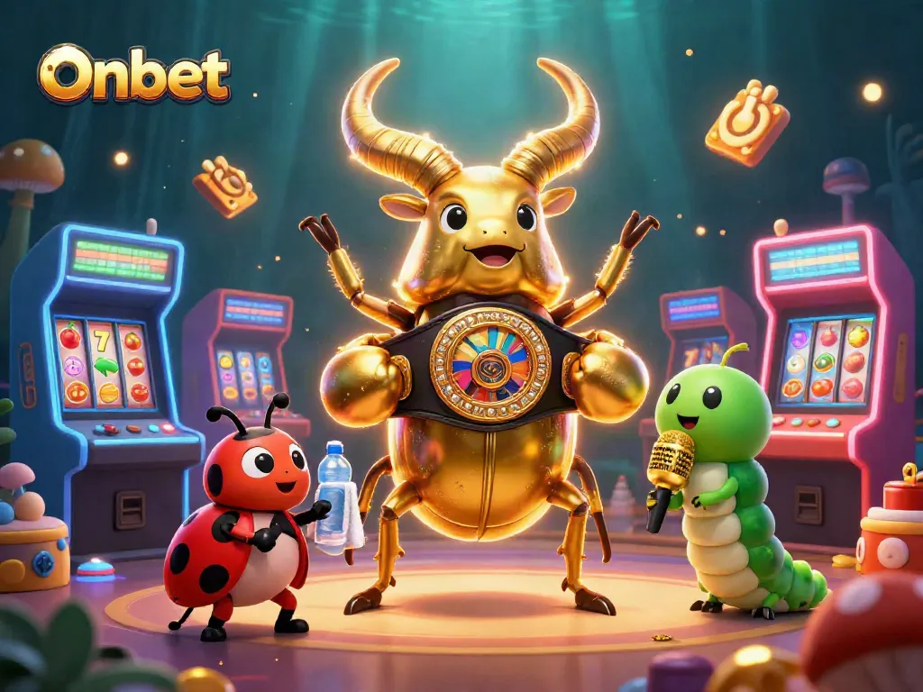 Bet on vibrant Onbet slots with a rich, animated casino illustration featuring dynamic game elements.