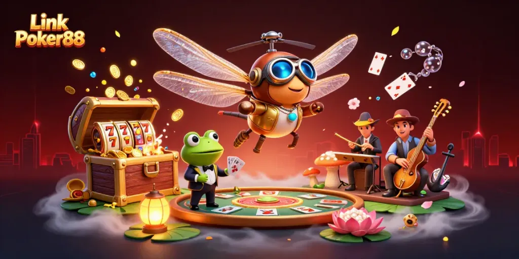 Play exciting games at Link Poker88, where vibrant characters bring casino thrills alive in a colorful scene.