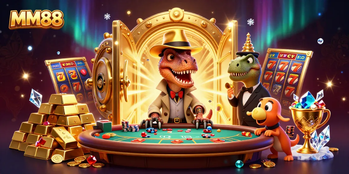 Experience thrilling gameplay at MM88 with a unique 3D illustration of anthropomorphic characters at the table.