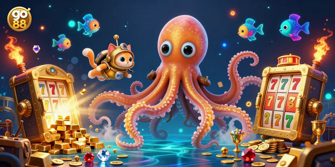 Play go 88 slots with colossal kraken and diving cat in a vibrant underwater casino scene.