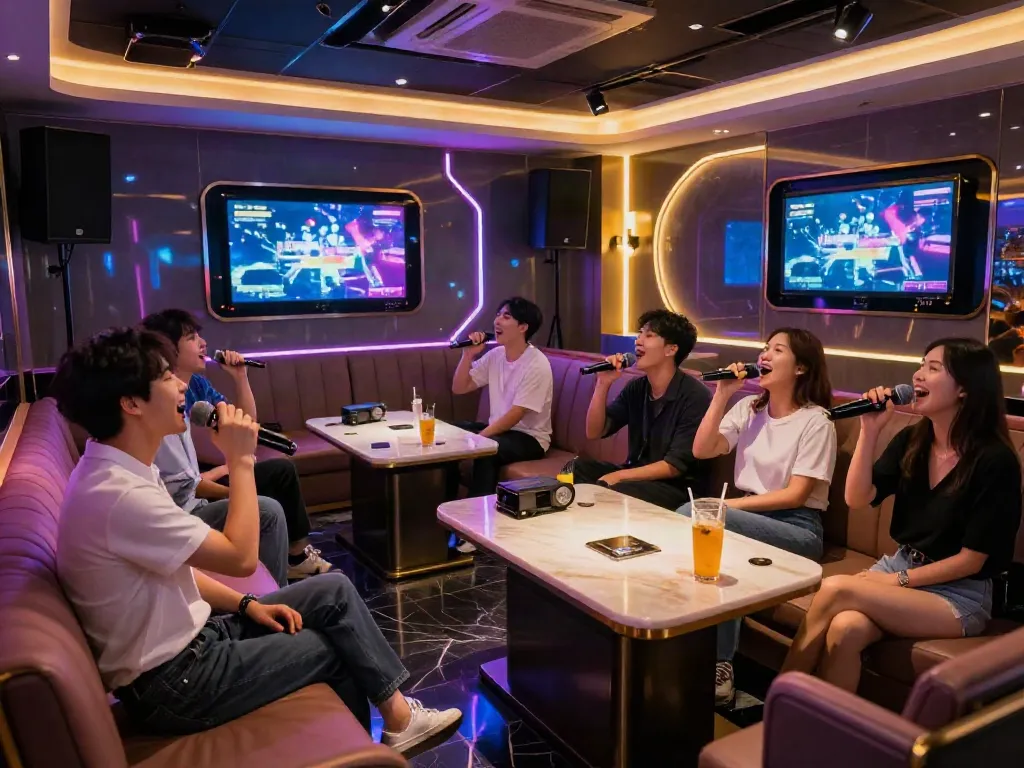 강남 달토에서 사람들이 노래를 부르며 즐기는 모습, https://daltorabbits.com/의 매력적인 분위기.