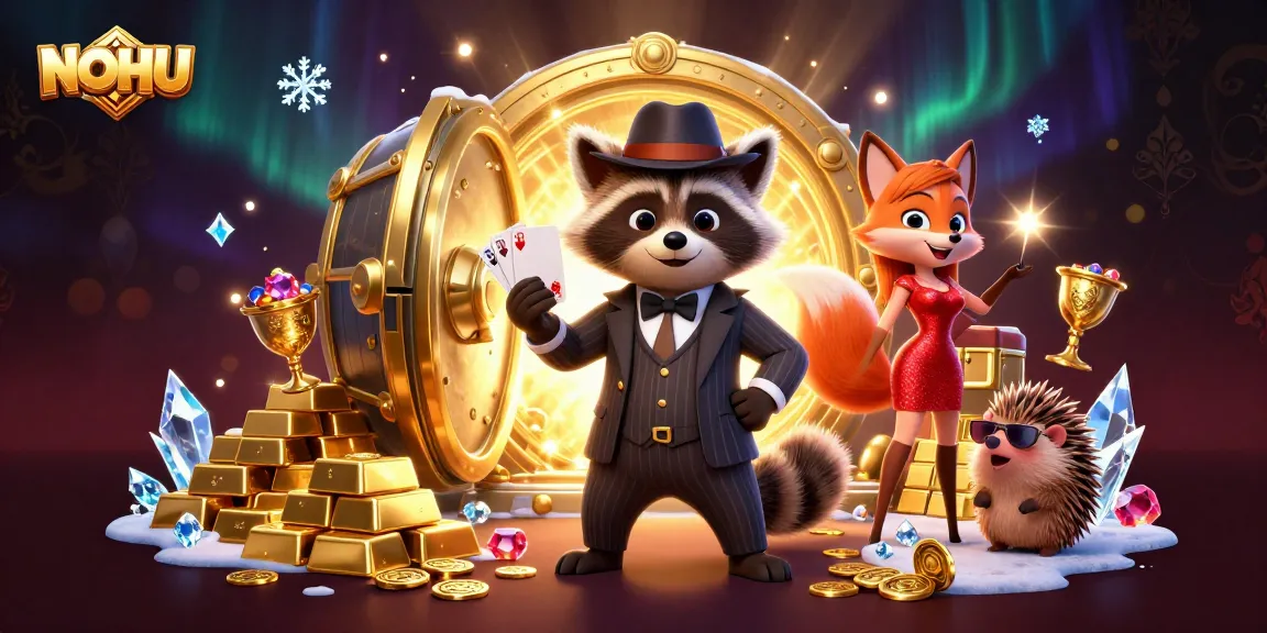 Experience thrilling gameplay at NOHU with a charming scene featuring a raccoon, fox, and hedgehog amongst treasures.