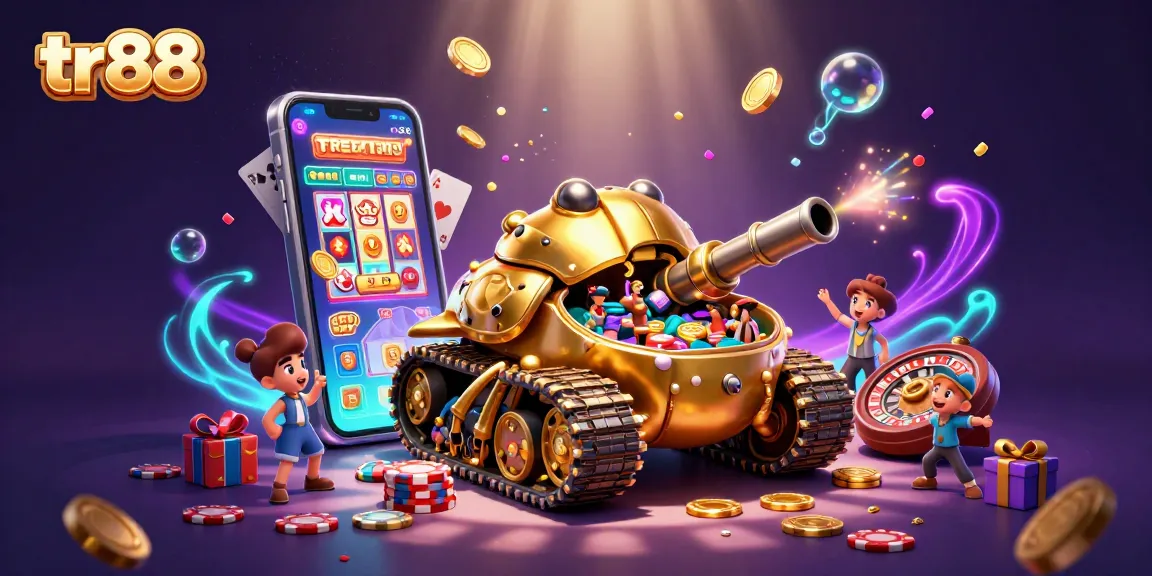 Engage with tr88's colorful slot game as coins erupt from a smartphone, celebrating your luck.