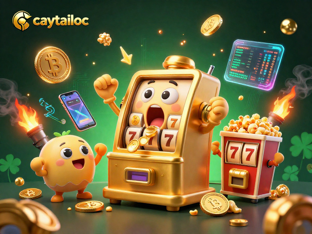Caytailoc's golden slot machine hits the jackpot with coins pouring out, surrounded by vibrant gaming elements.