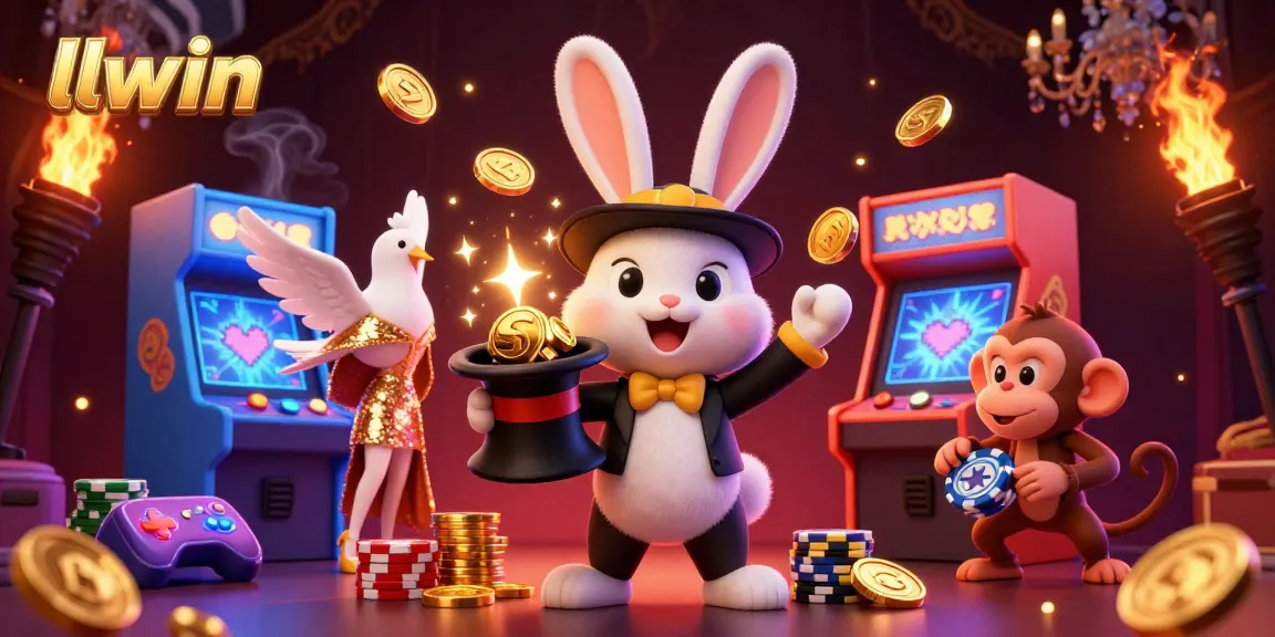 Experience llwin’s magical casino with a cartoon rabbit revealing golden coins and poker chips.