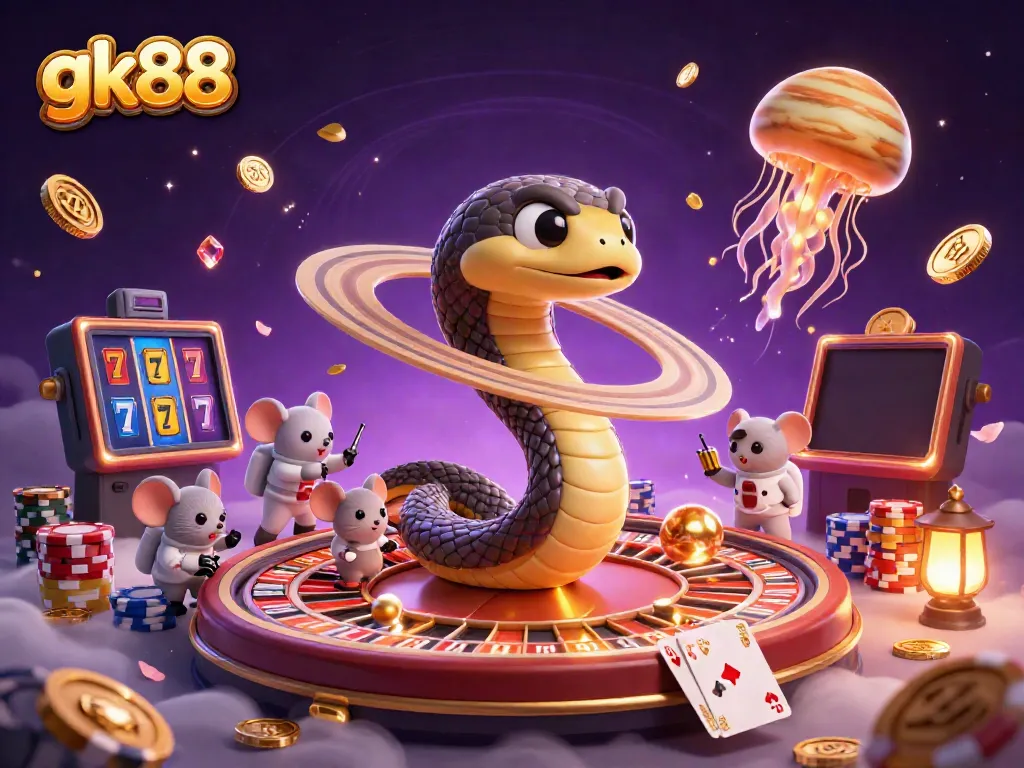 Engage with gk88's exhilarating cosmic casino scene featuring a roulette wheel and vibrant game elements.