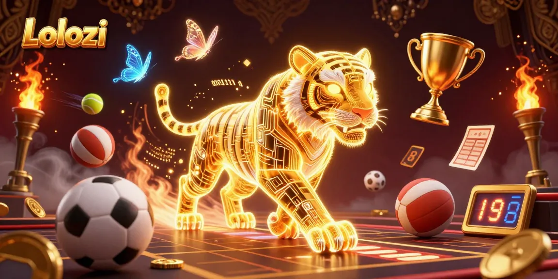 Lolozi showcases an exhilarating digital casino scene filled with dynamic sports elements, gold coins, and an electrifying golden tiger.