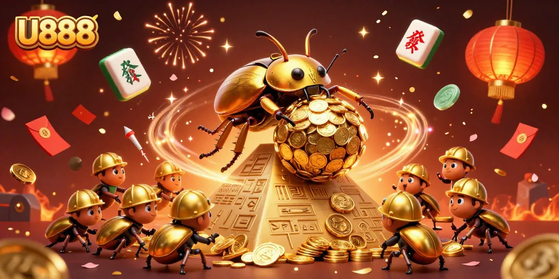 U888 creates a vibrant casino scene with golden beetles, coins, and festive elements.