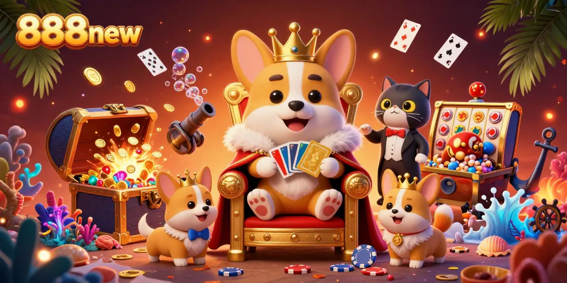 Experience thrilling games at 888new with vibrant slots, corgis, and golden treasures.