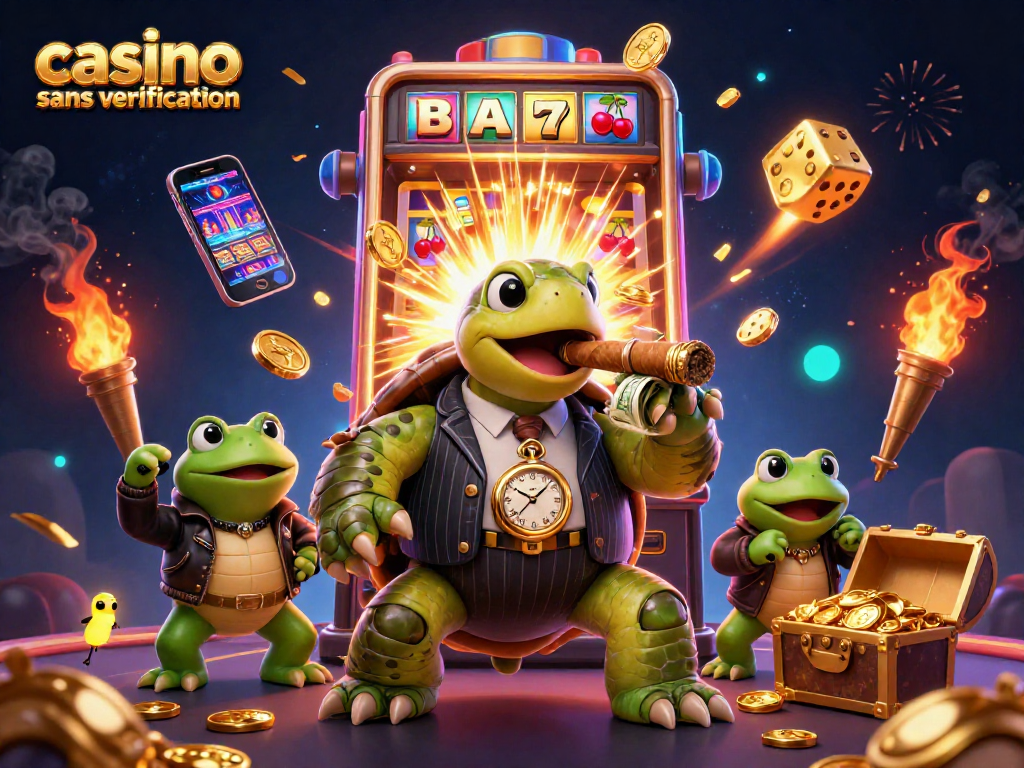 Jouez dans un casino sans vérification avec une ambiance animée, des symboles chanceux et des lumières scintillantes.